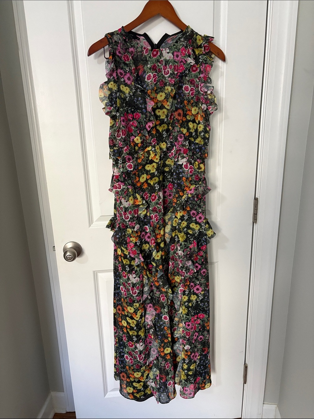 Ted Baker London Black Floral Ruffle Maxi Dress with Pink and Yellow Flowers